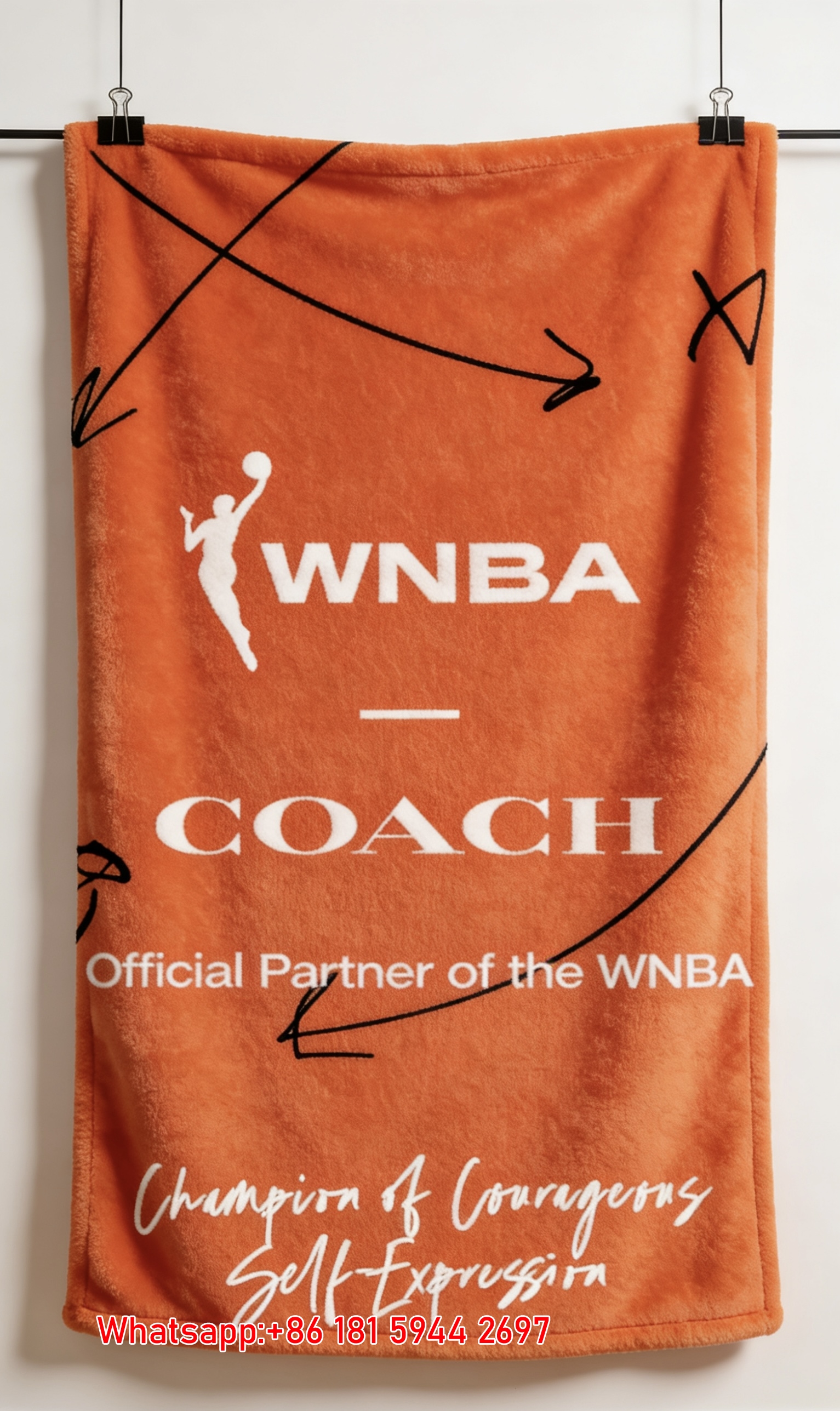 Coach WNBA Official Partner Orange Leather Flannel Throw Blanket for Sofa and Wall Decor C381